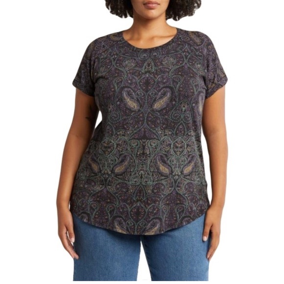 Lucky Brand Paisley Slit Back Boho Tee - Picture 1 of 6